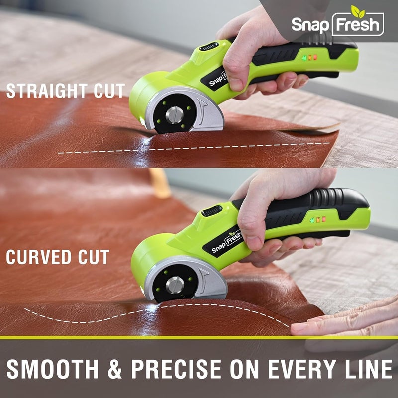 SnapFresh 4V Cordless Electric Scissors-Rechargeable Rotary Box Cutter w/ 2.0Ah Battery, 2 Self-Sharpening Blades, LED Light & Safety Lock,Carpet Cutter Tool for Cardboard, Fabric, Leather, Plastic - Image 5